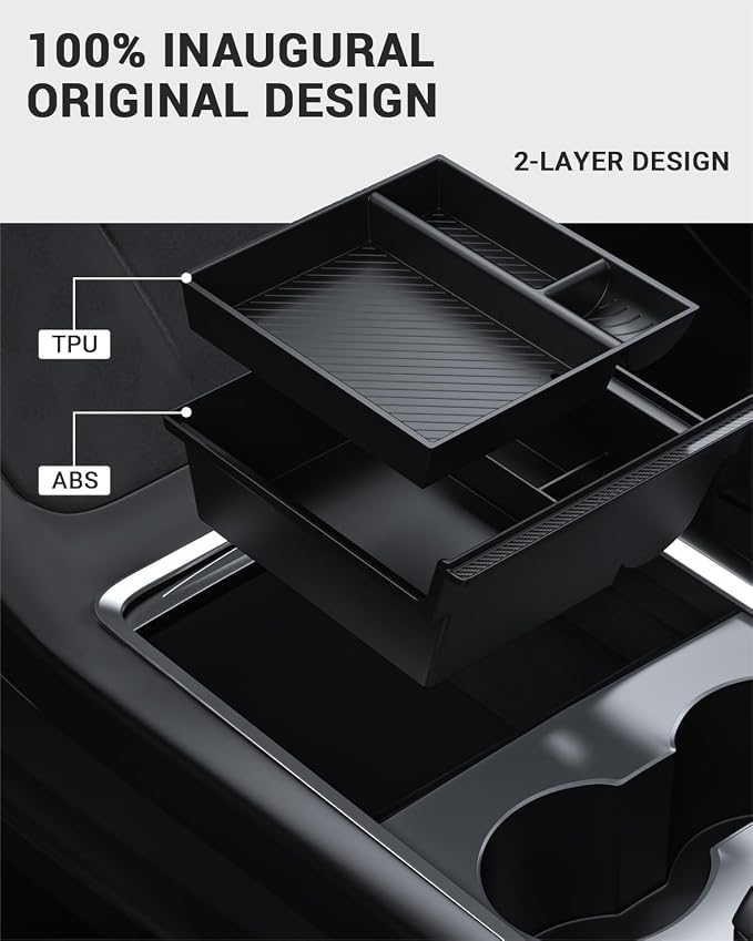 BASENOR 2021-2024 Tesla Model Y/3 Center Console Organizer Tray (Carbon Edition) Console Hidden Storage Box with Coin Purse and Sunglasses Holder for Model Y 2021-2024 Model 3 2021-2023