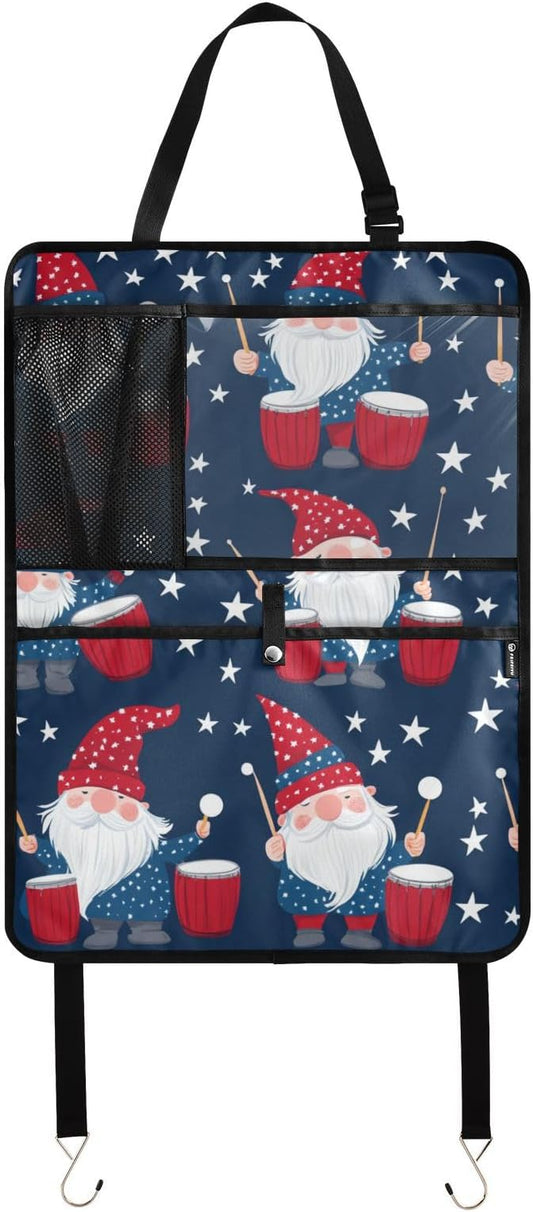 July 4th Gnomes Drum Dark Blue 1 Pack Backseat Car Organizer with Storage Pockets Seat Back Organizers for Kids Kick Mats Backseat Protector Automotive