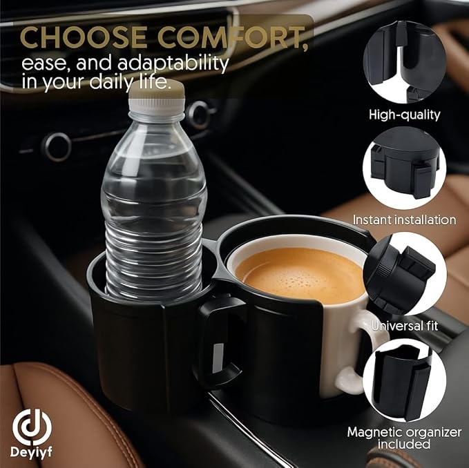 Car Cup Holder Expander - 2 in 1 Adjustable Cup Holder Adapter Set with Magnetic Bottle Mount Accessory - Fits Big Cups and Large Water Bottles - Drink Caddy