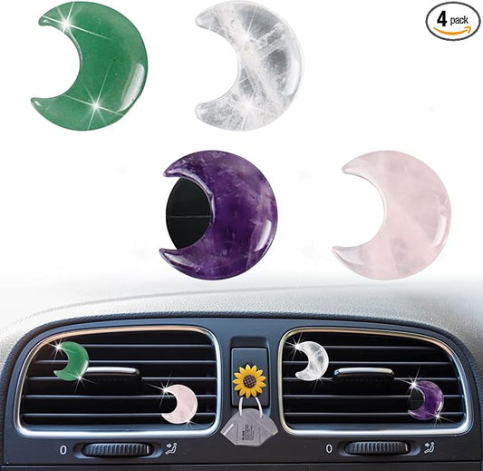 Crystal Moon Air Vent Clips,4 Pcs Quartz Moon Style Car Air Fresheners Vent Clips Car Diffuser Vent Clip Cute Cars Decoration Car Interior Decor Accessories for Women Men + Cute Sunflower Mask Hook