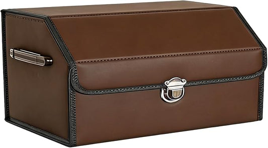 Leather Storage Box Car Trunk Organizer for Trunk SUV Sedan, Leather Foldable Storage Box with Lid (Brown 20.9" L*12.2" W*11.8" H)