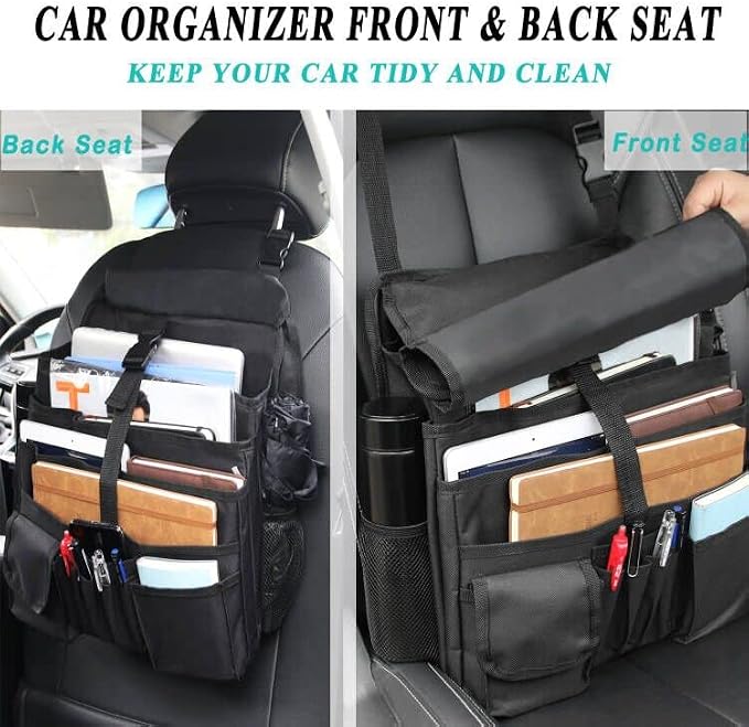 ECWKVN Car Front Seat Organizer with Dedicated Tablet/Laptop Storage, Vehicle Storage Organizer with Cup Holder-Adjustable Strap, Hardened Buckles, Car Seat Organizer Law Enforcement