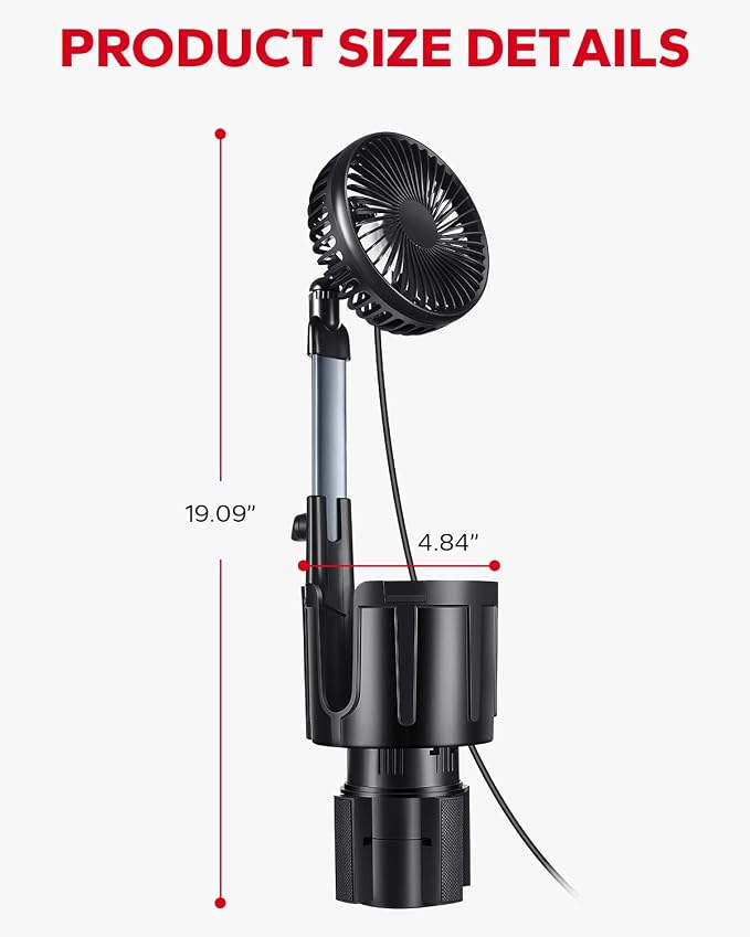 Amazicha 3-Speed Car Fan Cup Holder-2 in 1 360° Rotation Cupholder Fan, Expandable Base, USB Car Fan Cup Holder for Car Vehicle Van RV Truck