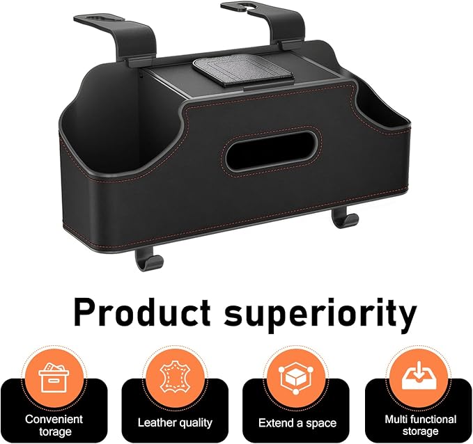 Car Back Seat Organizer, Leather Snap-on Seatback Storage Pocket, Multi-functional Storage Box for Phone Holder Tissues Cup Bracket Hanging Bag, Universal for Most Vehicles (Black)