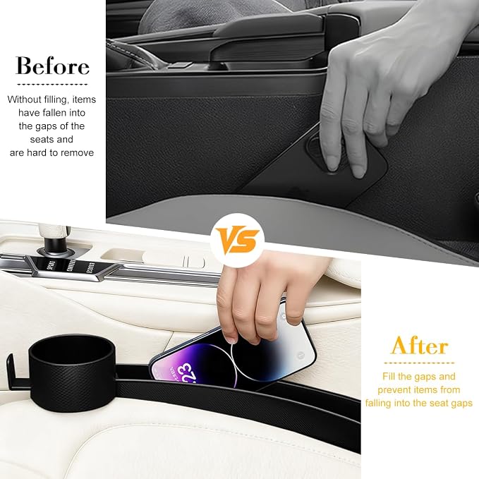 HZEL Car Seat Gap Organizer, 2PCS Dual Slot Anti-Drop Vehicle Console Side Filler Organizer with Cup Holder, Automotive Interior Seat Gap Plug Blocker, Universal for SUV Automobile Truck (Black)