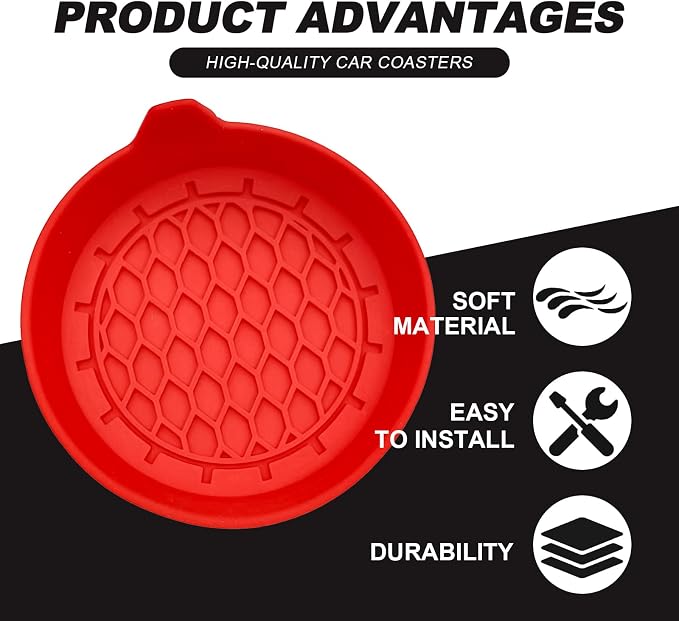 4-Pack Universal Cup Holder Coasters, Black Silicone Inserts - Keep Your Car Clean with Non-Slip & Spill-Proof Coasters for All Vehicles (Red)