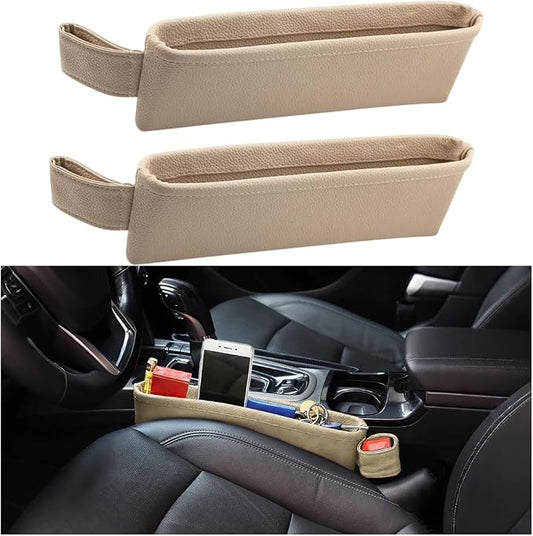 2PCS Car Seat Gap Filler Organizer, Leather Seat Gap Catcher Holder Pocket for Phones Keys Glasses, Auto Center Console Side Crevice Stopper Storage Box, Universal for Vehicles (Beige)