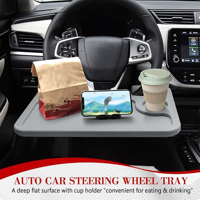 2 in 1 Car Steering Wheel Desk, Car Tray, Car Steering Wheel Desk Tray & Auto Seat Gap Filler Organizer, Multipurpose Travel Auto Steering Wheel Under Table Console for Most Vehicles (Grey)