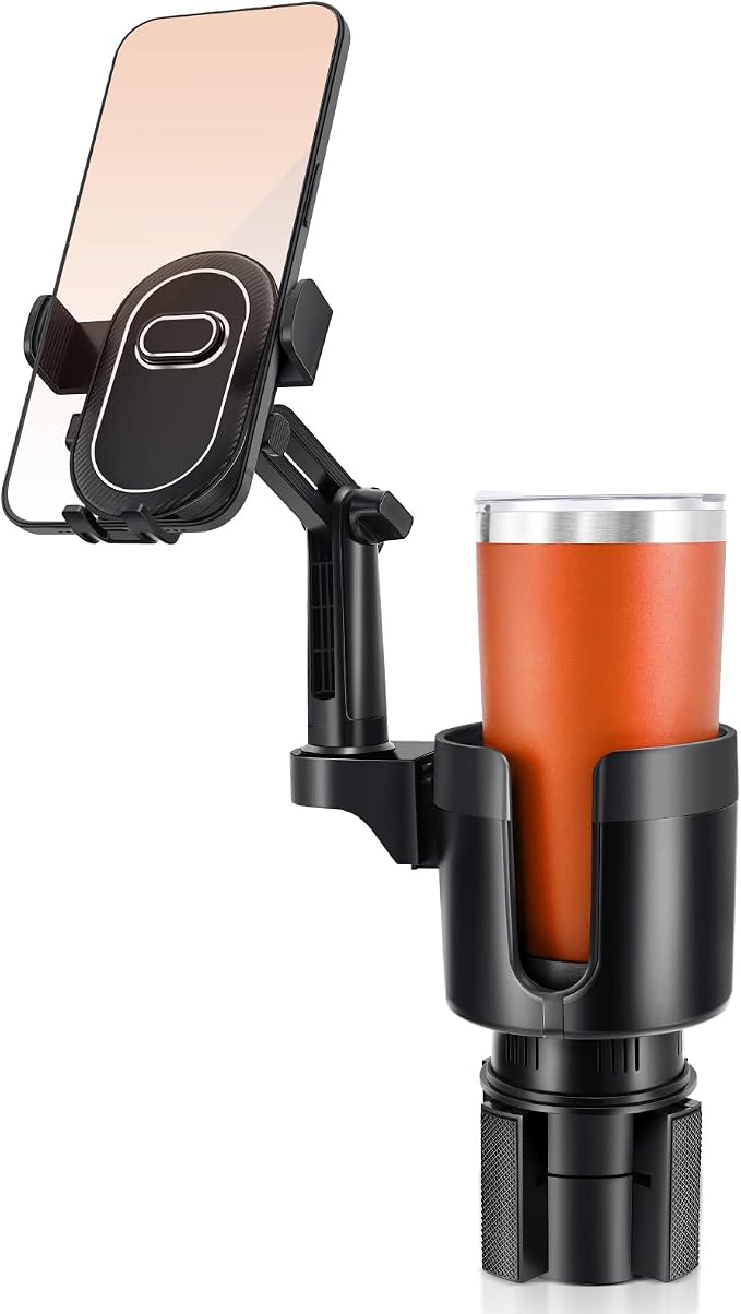 2 in 1 Universal Cup Holder Phones Mount for Car, Cup Holder Expander with Adjustable Base, 360° Roatation Cell Phone Holder with Long Arm Compatible with iPhone All Smartphones