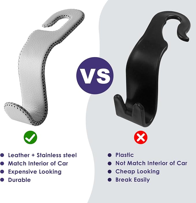 AMVOYOA Leather Car Seat Hooks - U-Shaped Purse Holder for Car, Fully Leather-Wrapped Headrest Hooks for Purses, Bags & Coats, Durable Seat Back Organizer for Travel & Daily Use (Gray, 2 Pack)