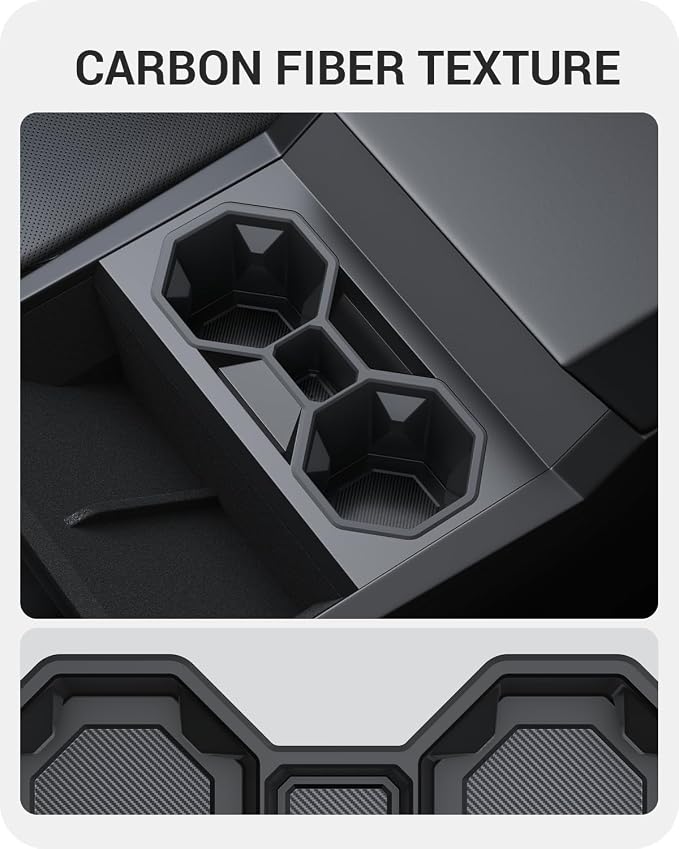 BASENOR 2024 2025 2026 Tesla Cybertruck Center Console Cup Holder Insert [Carbon Edition] Silicone Non-Slip Car Drink Holder Cybertruck Interior Accessories