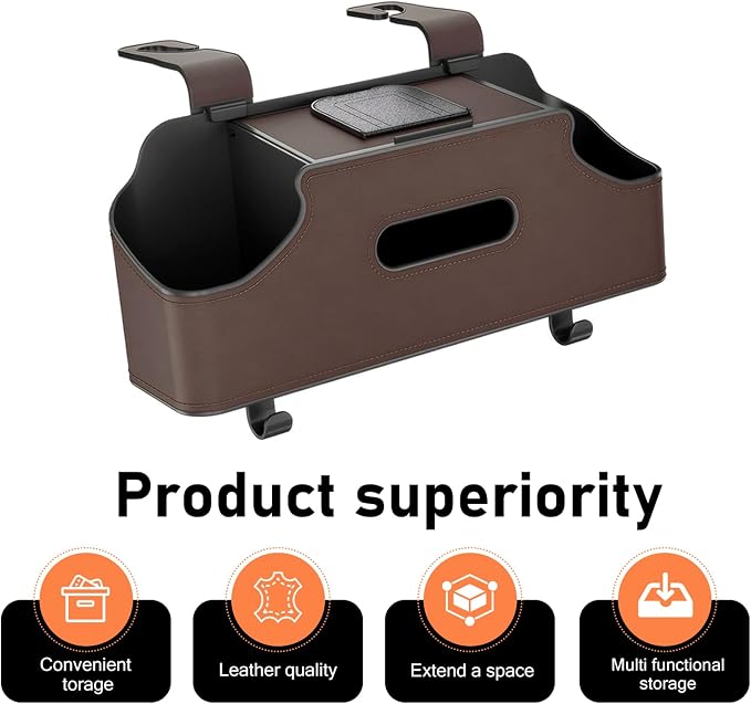 Car Back Seat Organizer, Leather Snap-on Seatback Storage Pocket, Multi-functional Storage Box for Phone Holder Tissues Cup Bracket Hanging Bag, Universal for Most Vehicles (Brown)