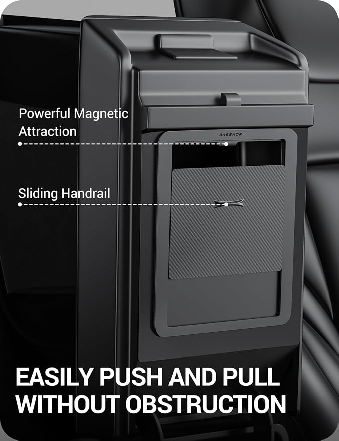 BASENOR Upgraded Tesla Model Y Model 3 Armrest Hidden Storage Box [Carbon Edition] [Powerful Magnetic] Center Console Secret Compartment Accessories 2017-2024 (Proprietary Design)