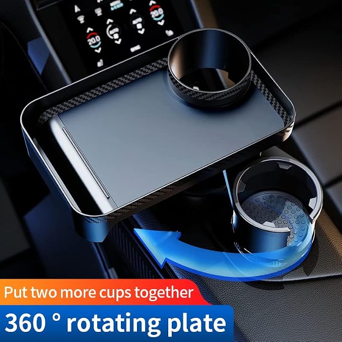 Car Cup Holder Tray, 2 in 1 Cup Holder Expander Car Food Table Tray with Adjustable Base, 360° Rotate Car Tray for Eating, Detachable Car Table Fits Yeti, Hydro Flask 16-46 oz