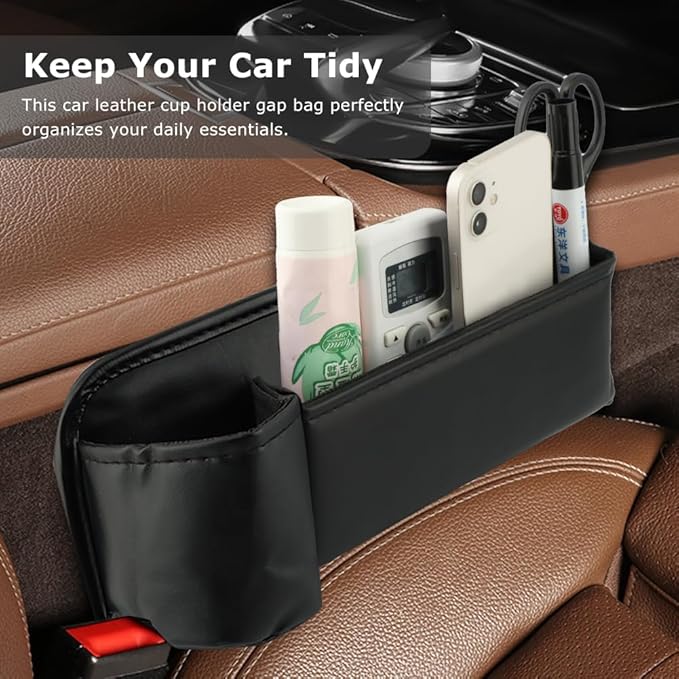 2-Pack Car Seat Gap Filler Organizer, Leather Storage Box with Cup Holder for Driver & Passenger Side, Gap Bag Front Seat Car Storage Accessories for Phone Keys Sunglasses Wallet(COLOR:Black)