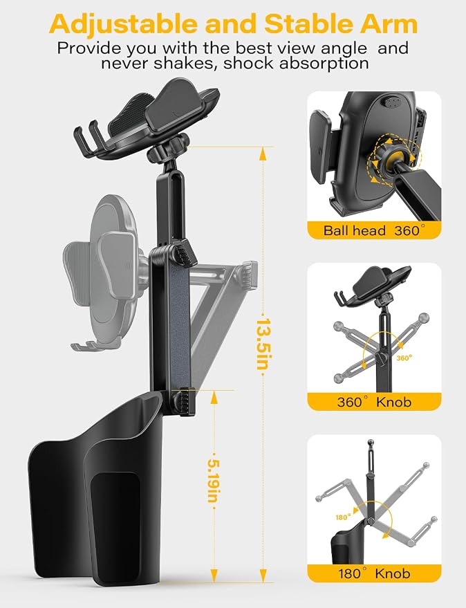 TAZENI 2-in-1 Cup Holder Cell Phone Holder for Your Car Bottle Friendly Cup Cell Phone Holder Mount for Car Height Adjustable Sturdy Fit 4.7-7 inches Phones