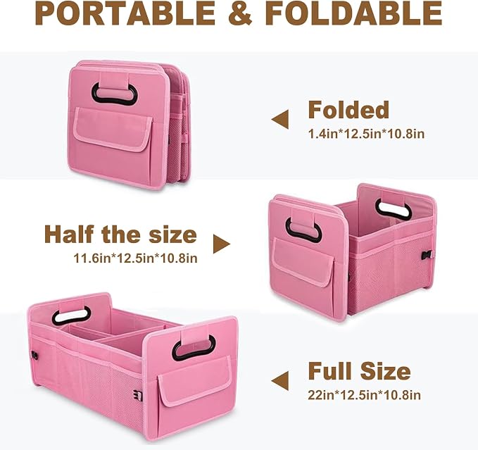 Car Trunk Organizer SUV | Foldable Waterproof Basket with Front & Side Pockets | Large Capacity Durable Oxford Cloth | Car Essentials for Women, Backseat & Truck Bed | Pink