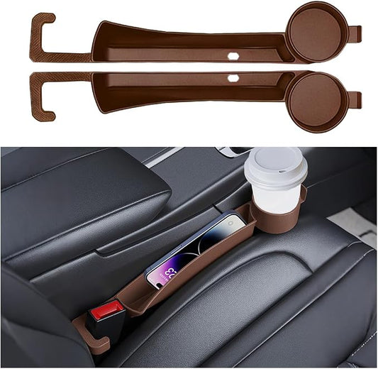 2PCS Car Seat Gap Filler, Soft Carbon Fiber Vehicle Between Seat and Console Organizer with Cup Holder, Prevent Falling Automotive Interior Chair Gap Plug, Universal Fit (Brown)
