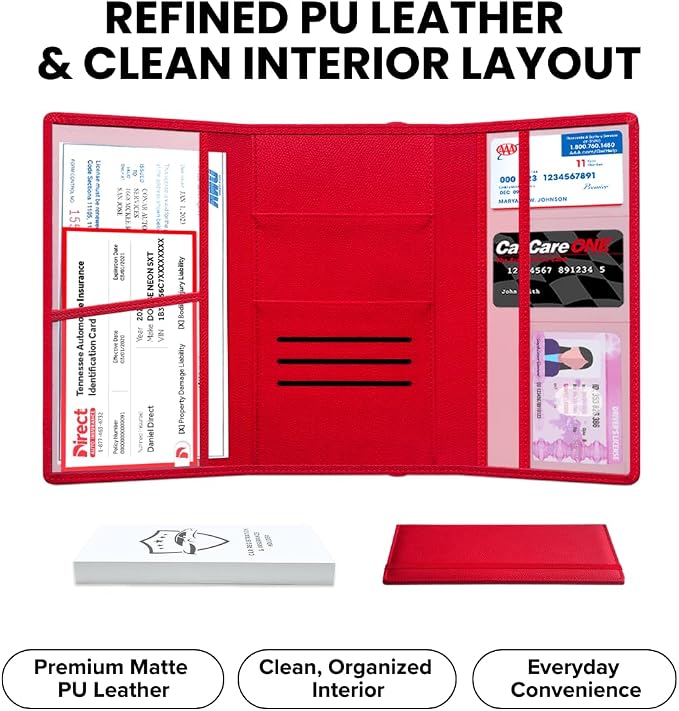 LINTRU Car Registration and Insurance Holder, 12-Pocket Trifold, Glove Box | 3.0mm Reinforced, 16"×9.5" Oversized, Elastic Strap No Magnet, PU Leather, Car Accessories for Men Women
