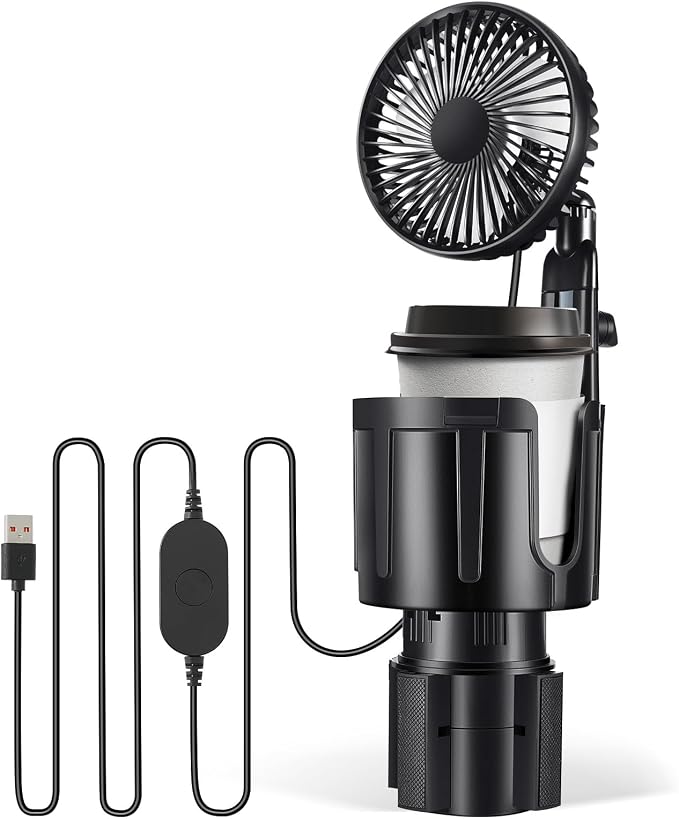 Benlari USB Car Fan with Cup Holder - Upgraded 2 in 1 Cup Fan Holder with 3 Powerful Speed Cooling Wind - Adjustable Extended Bracket Cup Holder for Vehicle Van Truck SUV RV