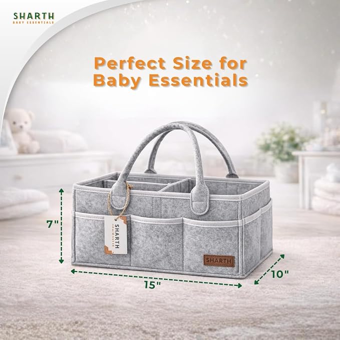 Sharth Baby Diaper Caddy Organizer with Upgraded Stitched Edges – Foldable Felt Nursery Organizer with Handle, Removable Dividers & 8 Outer Pockets, Portable Baby Shower Registry Gift (Gray)
