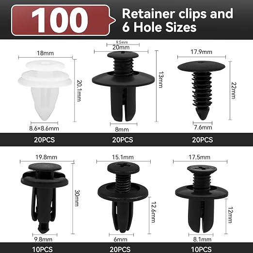 100Pcs Auto Body Panel Fasteners & Push Pin Rivets - 6 Sizes Bumper Fender Flare Retainer Clips. Plastic Expansion Screws Replacement for GM Ford Toyota Honda (100Pcs)
