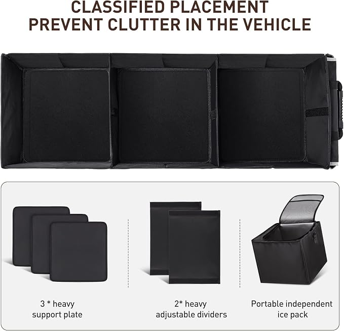 HIRALIY 4 in 1 Car Trunk Storage Organizer with Leakproof Cooler Bag, Multi-Compartment Foldable Trunk Storage Box for Car Truck SUV Black