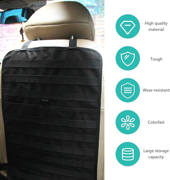 2 PCS Car Seat Back Organizer, Tactical MOLLE Sag Proof Vehicle Panel Backseat Cover Protector, Universal Molle Nylon Storage Bag Seat Back Hanger Pad for Car Truck SUV Pickup (Black)