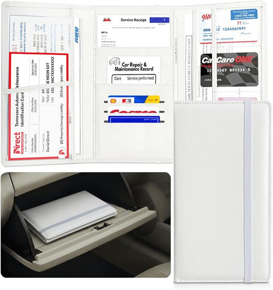 LINTRU Car Registration and Insurance Holder, 12-Pocket Trifold, Glove Box | 3.0mm Reinforced, 16"×9.5" Oversized, Elastic Strap No Magnet, PU Leather, Car Accessories for Men Women