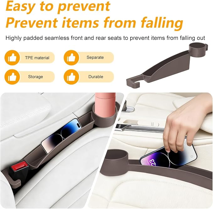 HZEL Car Seat Gap Organizer, 2PCS Dual Slot Anti-Drop Vehicle Console Side Filler Organizer with Cup Holder, Automotive Interior Seat Gap Plug Blocker, Universal for SUV Automobile Truck (Brown)