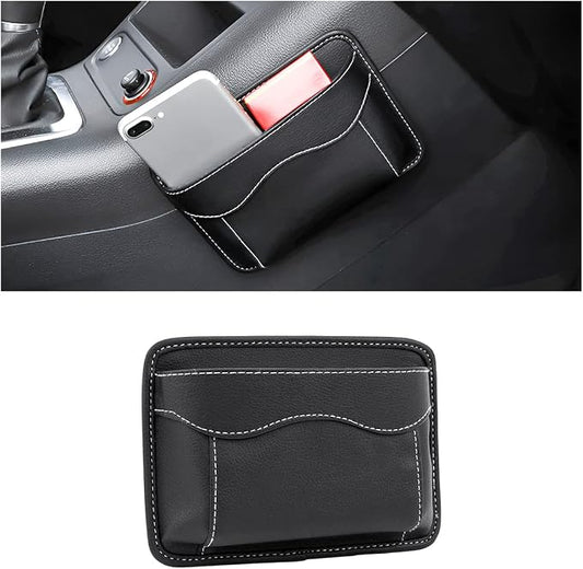 Car Seat Side Pocket Organizer, PU Leather Mini Storage Bag for Auto Door Window Console, Pen Phone Holder Tray Pouch Vehicle Seat Gap Filler for Organize Document, Registration, Notepad (Black)