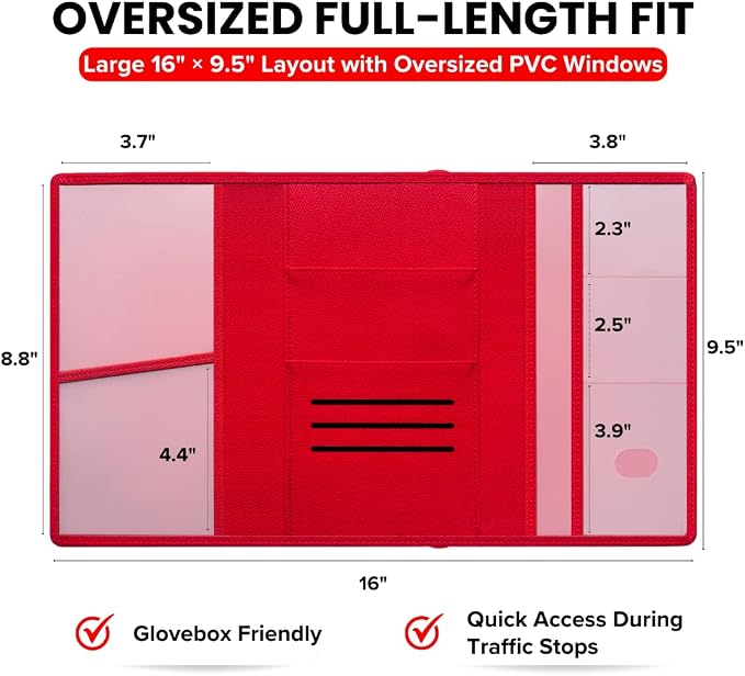 LINTRU Car Registration and Insurance Holder, 12-Pocket Trifold, Glove Box | 3.0mm Reinforced, 16"×9.5" Oversized, Elastic Strap No Magnet, PU Leather, Car Accessories for Men Women