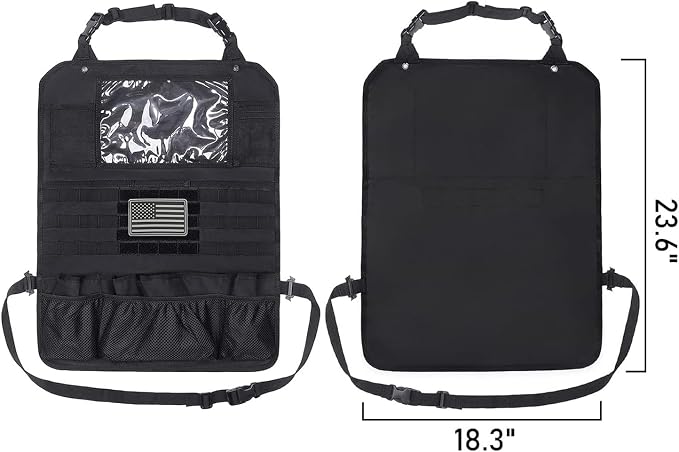 Tactical Car Seat Back Organizer Set Upgraded Tactical Molle Seatback Cover Protector Universal Fit Vehicles Truck MPV Pickup (Black with 2 Pouches)