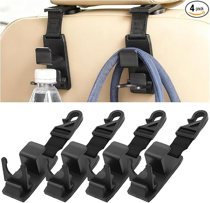 4PCS Car Headrest Hooks, Vehicle Seat Front ＆ Back Storage Hanger with Clip, 360° Adjustable Automotive Organizer Accessories for Purse Bags Grocery, Universal for Most Vehicles