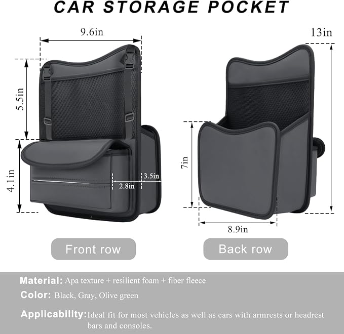 Car Organizer Storage Between Seats, Leather Car Console Hanging Storage Organizer with Mesh Pocket Tissue Box, Multi-Functional Large Capacity Headrest Holder Bag for Purse Snack (Gray)
