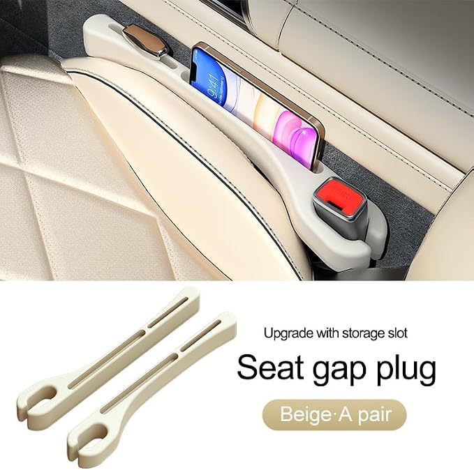Car Seat Gap PU Filler Set of 2，Stop Things from Dropping，Filler with Organizer & Hook Function,Fill The Gap Between Seat & Console (Beige)