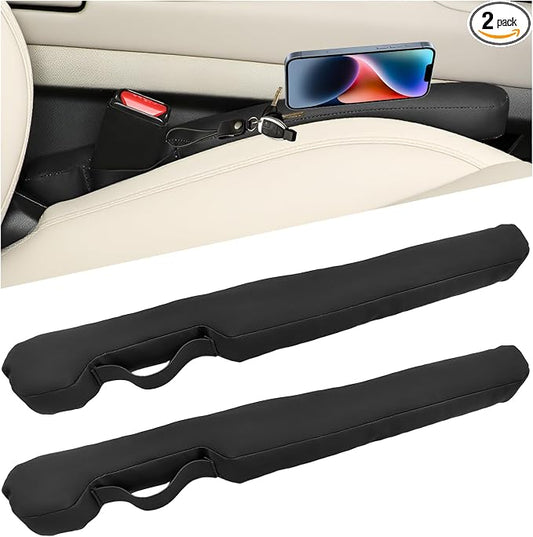 2 PCS Leather Car Seat Gap Filler, No Drop Auto Gap Seam Filler Slide Free Pad with Securing Strap, Seat Crevice Plug Drop Blocker Between Seats & Consoles for SUV Truck Sedan (Black)