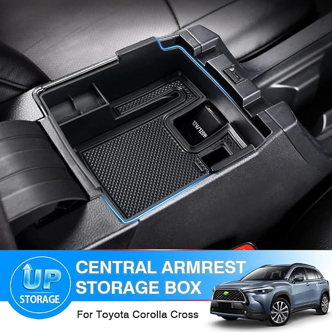 Karltys Compatible with Center Console Organizer Toyota Corolla 2019-2026/ Corolla Cross 2022-2026 Accessories Middle Console Tray Car Armrest Storage Box Container with Non-Slip Silicone Mats