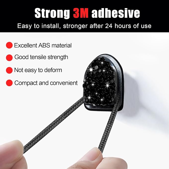 Yourkar 4PCS Bling Car Mini Hooks, Multifunctional Adhesive Small Auto Storage Hook for Key Cable Mask, Crystal Rhinestone Dashboard Hanging Hook, Interior Decor Car Accessories (Black)