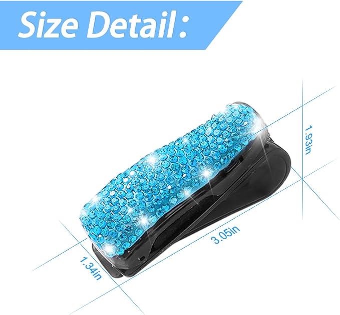 Moly Magnolia Bling Car Glasses Holder, 2PCS Handcrafted Crystal Rhinestones Fashion Car Sunglasses Mount with Card Clip for All Sun Visors, Auto Interior Accessories for Women Girl (Light Blue)