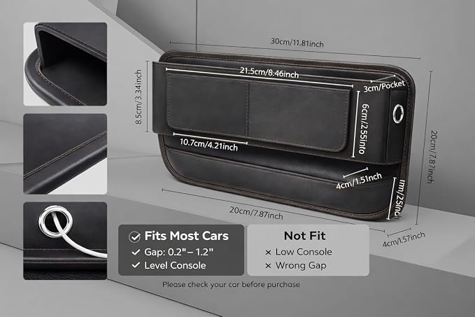 Car Seat Gap Organizer - Premium PU Leather Gap Filler with Storage Pockets, Universal Fit for Car, Truck, SUV - Prevents Phone, Keys from Falling Between Seats, Black