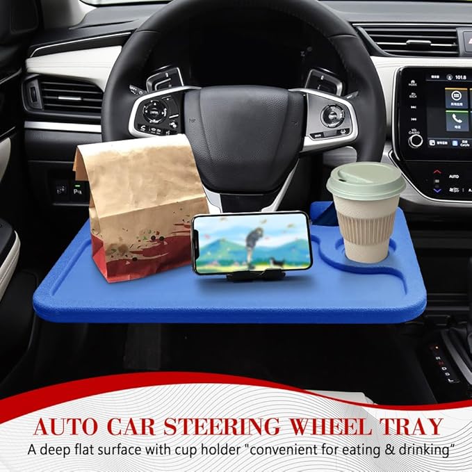 2 in 1 Car Steering Wheel Desk, Car Tray, Car Steering Wheel Desk Tray & Auto Seat Gap Filler Organizer, Multipurpose Travel Auto Steering Wheel Under Table Console for Most Vehicles (Blue)