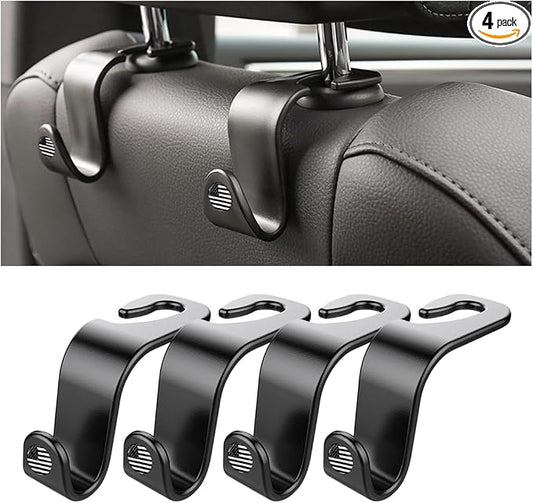 4PCS Car Seat Headrest Hooks, Auto Back Seat Hanger Holder, Durable Stylish Vehicle Organizer Universal Car Interior Accessories, Storage Hooks for Purses, Bags, Clothes, Hats (Black/Black Flag)