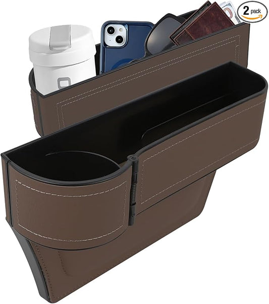Car Seat Gap Filler Organizer, Multifunctional Car Seat Organizer with Adjustable Cup Holder, Leather Car Seat Gap Storage Box for Holding Phones, Coins, Cards, Keys, Pens (Brown)