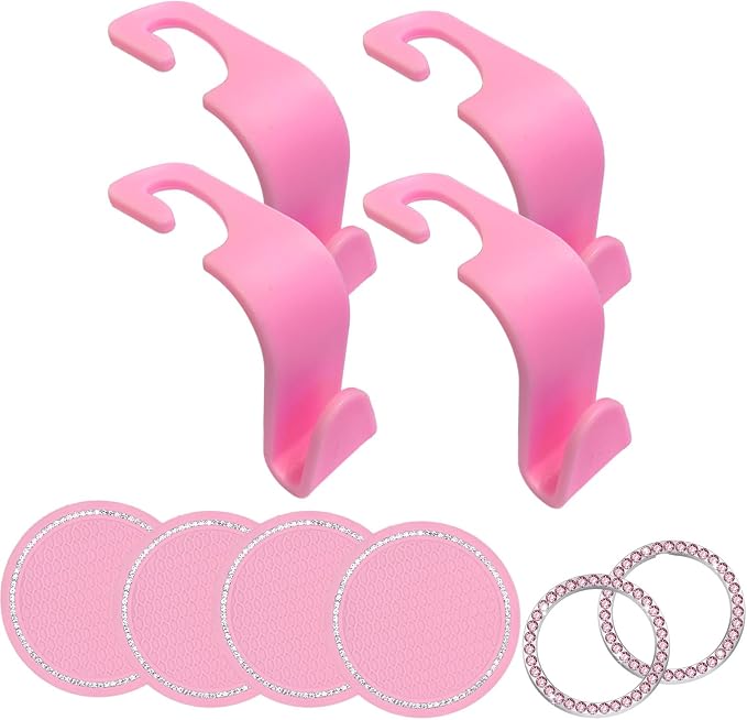 10 Pcs pink Car Interior Accessories，Universal Car Seat Headrest Hook，Bling Car Start Button Ring Covers，Bling Car Coasters, Bling Cup Holder Insert Coasters