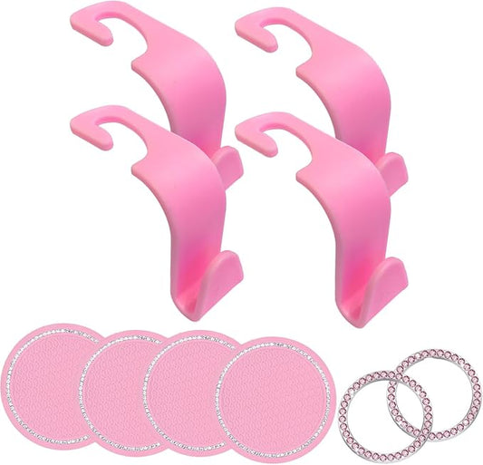 10 Pcs pink Car Interior Accessories，Universal Car Seat Headrest Hook，Bling Car Start Button Ring Covers，Bling Car Coasters, Bling Cup Holder Insert Coasters