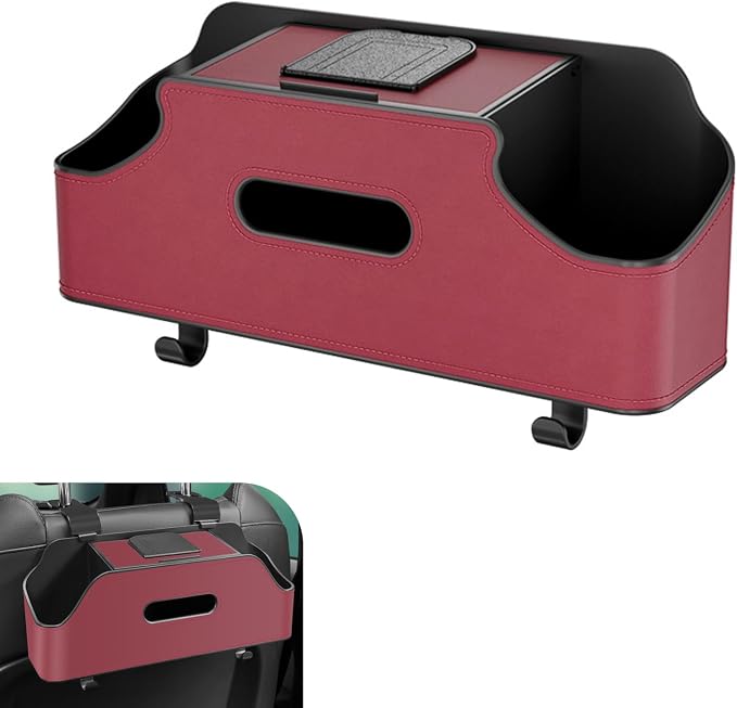 Car Back Seat Organizer, Leather Snap-on Seatback Storage Pocket, Multi-functional Storage Box for Phone Holder Tissues Cup Bracket Hanging Bag, Universal for Most Vehicles (Red)