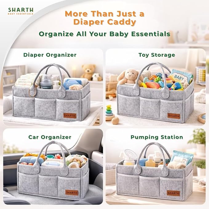 Sharth Baby Diaper Caddy Organizer with Upgraded Stitched Edges – Foldable Felt Nursery Organizer with Handle, Removable Dividers & 8 Outer Pockets, Portable Baby Shower Registry Gift (Gray)