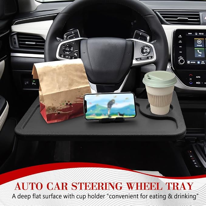 2 in 1 Car Steering Wheel Desk, Car Tray, Car Steering Wheel Desk Tray & Auto Seat Gap Filler Organizer, Multipurpose Travel Auto Steering Wheel Under Table Console for Most Vehicles (Black)