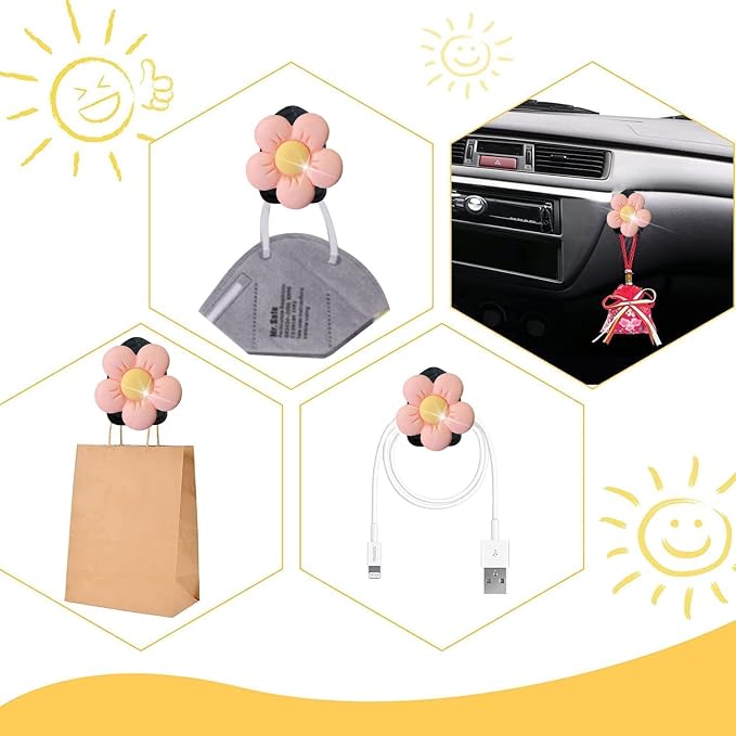Bling Heart Air Vent Clips, 6 Pcs Red Heart Car Air Fresheners, Diamond Car Interior Decor Charm + Cute Sunflower Mask Hook